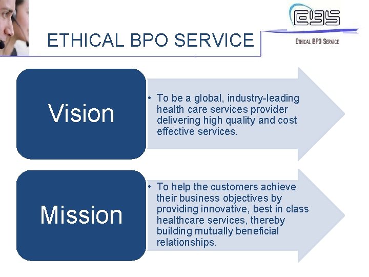 ETHICAL BPO SERVICE Vision Mission • To be a global, industry-leading health care services