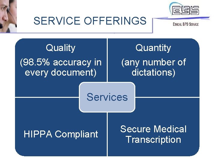 SERVICE OFFERINGS Quality Quantity (98. 5% accuracy in every document) (any number of dictations)