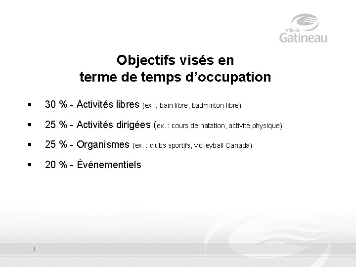 Objectifs visés en terme de temps d’occupation § 30 % - Activités libres (ex.