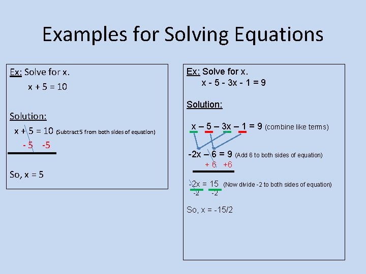 Examples for Solving Equations Ex: Solve for x. x + 5 = 10 Solution: