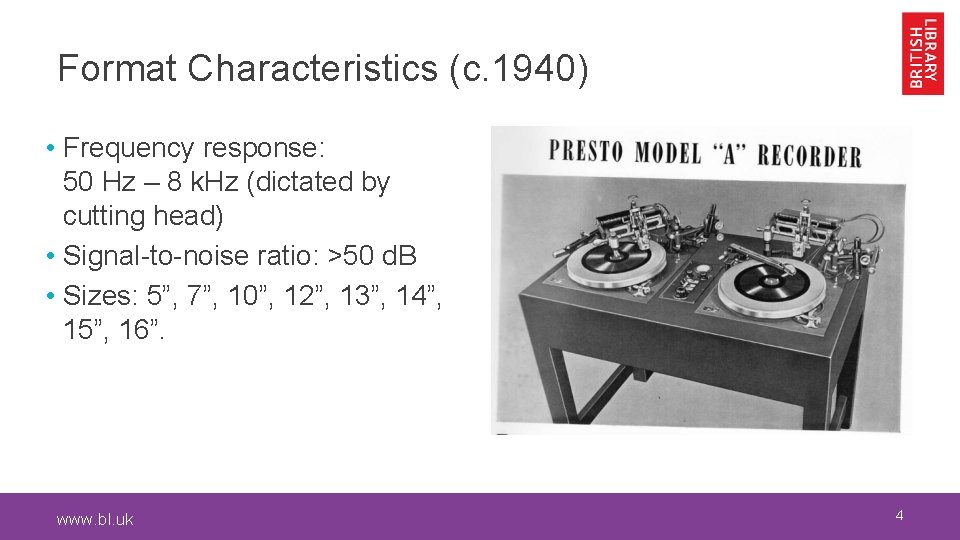 Format Characteristics (c. 1940) • Frequency response: 50 Hz – 8 k. Hz (dictated