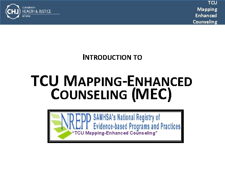 TCU Mapping Enhanced Counseling INTRODUCTION TO TCU MAPPING-ENHANCED COUNSELING (MEC) “TCU Mapping-Enhanced Counseling” 