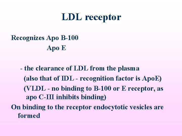 LDL receptor Recognizes Apo B-100 Apo E - the clearance of LDL from the