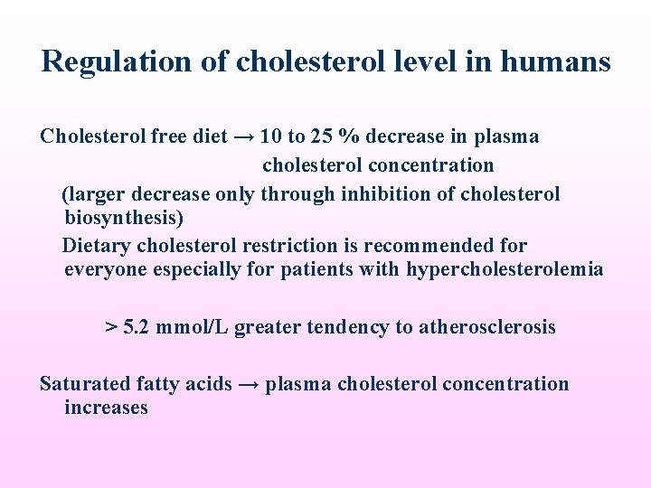 Regulation of cholesterol level in humans Cholesterol free diet → 10 to 25 %
