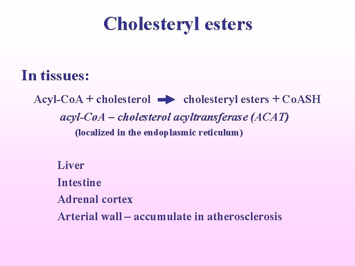 Cholesteryl esters In tissues: Acyl-Co. A + cholesterol cholesteryl esters + Co. ASH acyl-Co.
