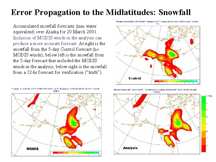 Error Propagation to the Midlatitudes: Snowfall Accumulated snowfall forecasts (mm water equivalent) over Alaska