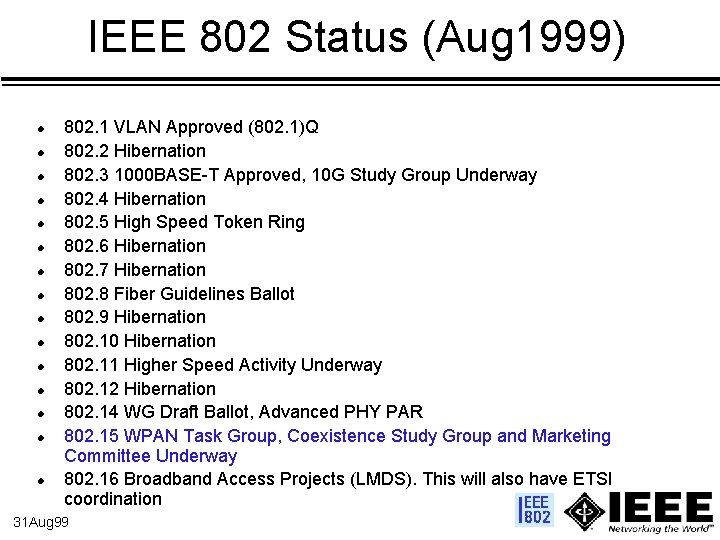 IEEE 802 Status (Aug 1999) l l l l 802. 1 VLAN Approved (802.