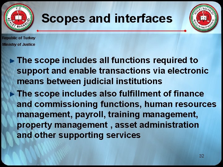 Scopes and interfaces Republic of Turkey Ministry of Justice The scope includes all functions