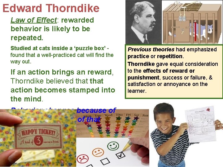 Edward Thorndike Law of Effect: rewarded behavior is likely to be repeated. Studied at