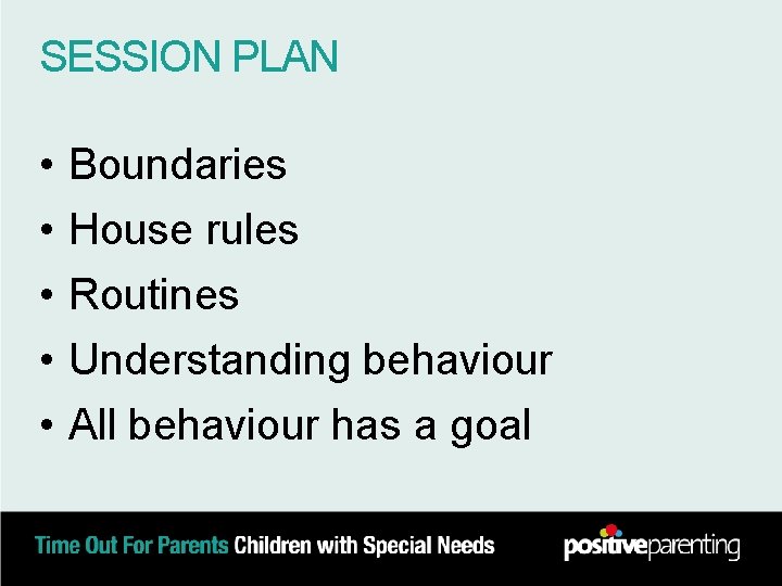 SESSION PLAN • • • Boundaries House rules Routines Understanding behaviour All behaviour has