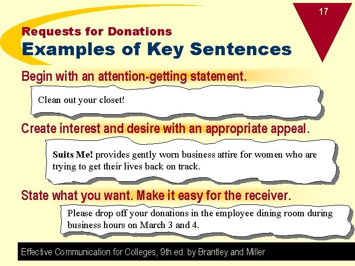 17 Requests for Donations Examples of Key Sentences Begin with an attention-getting statement. Clean