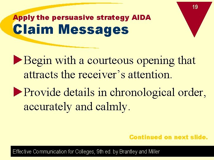 19 Apply the persuasive strategy AIDA Claim Messages u. Begin with a courteous opening