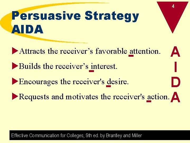 Persuasive Strategy AIDA 4 A u. Builds the receiver’s interest. I u. Encourages the