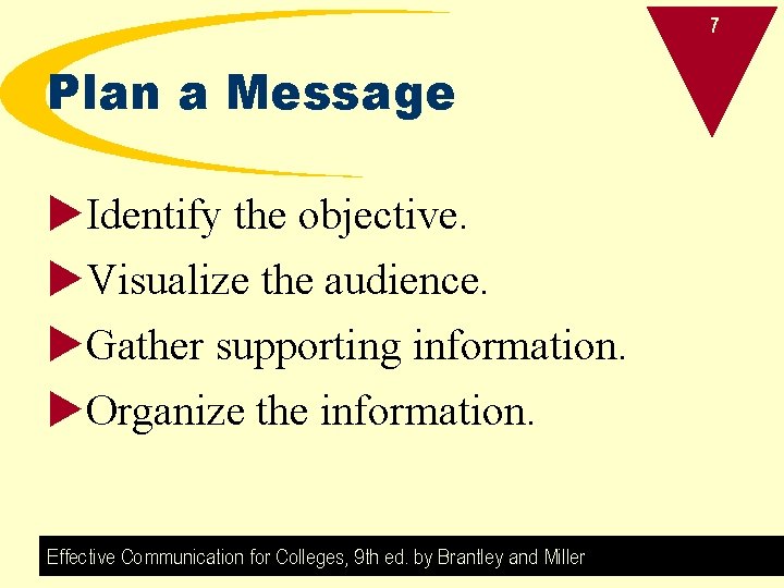 7 Plan a Message u. Identify the objective. u. Visualize the audience. u. Gather