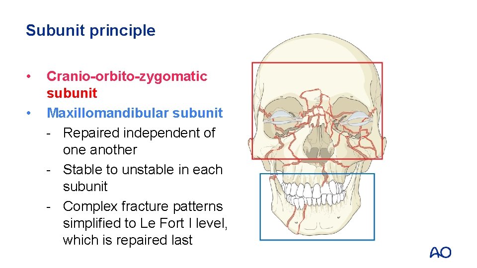 Subunit principle • • Cranio-orbito-zygomatic subunit Maxillomandibular subunit - Repaired independent of one another