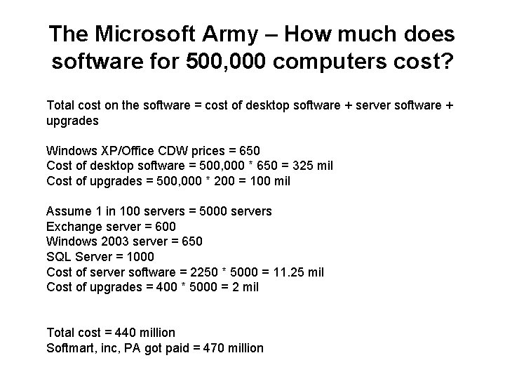 The Microsoft Army – How much does software for 500, 000 computers cost? Total
