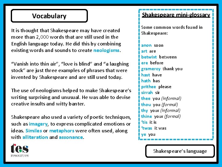 Vocabulary It is thought that Shakespeare may have created more than 2, 000 words