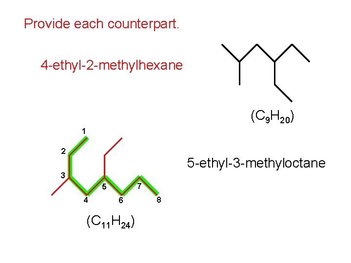 Provide each counterpart. 4 -ethyl-2 -methylhexane (C 9 H 20) 1 2 5 -ethyl-3