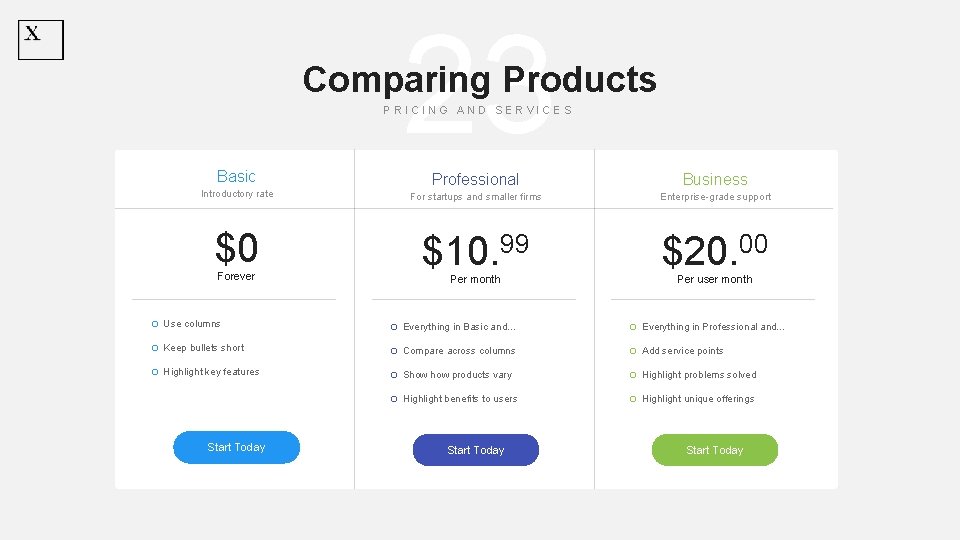 23 Comparing Products PRICING AND SERVICES Basic Professional Business Introductory rate For startups and