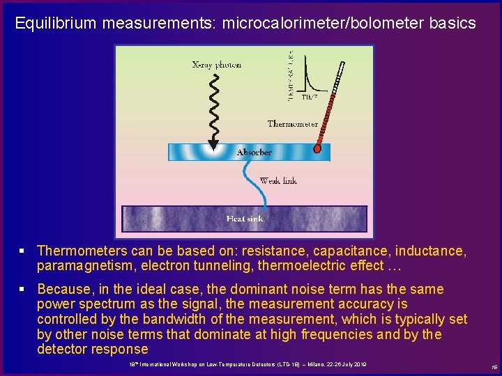Equilibrium measurements: microcalorimeter/bolometer basics § Thermometers can be based on: resistance, capacitance, inductance, paramagnetism,