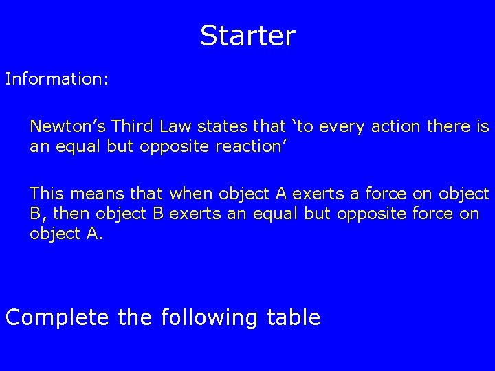 Starter Information: Newton’s Third Law states that ‘to every action there is an equal