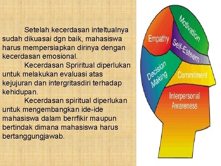 Setelah kecerdasan inteltualnya sudah dikuasai dgn baik, mahasiswa harus mempersiapkan dirinya dengan kecerdasan emosional.