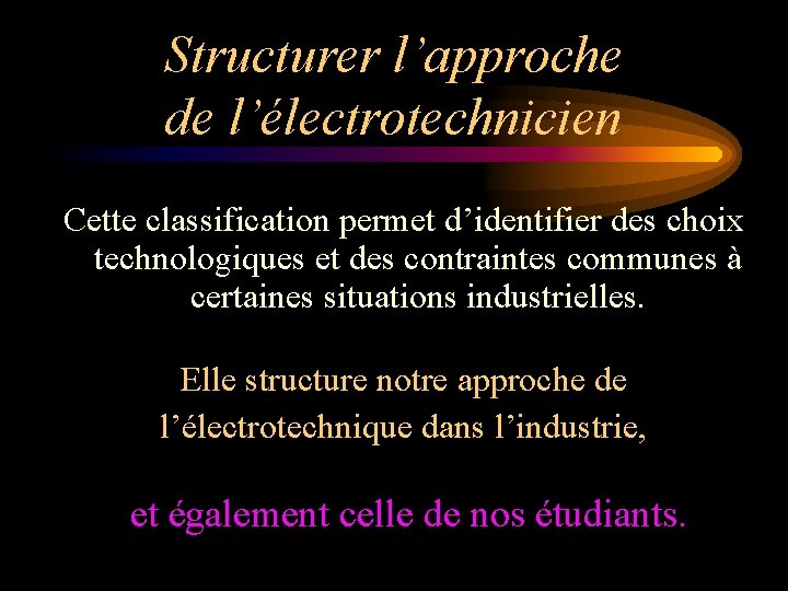Structurer l’approche de l’électrotechnicien Cette classification permet d’identifier des choix technologiques et des contraintes