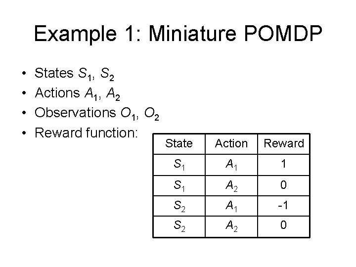 Example 1: Miniature POMDP • • States S 1, S 2 Actions A 1,
