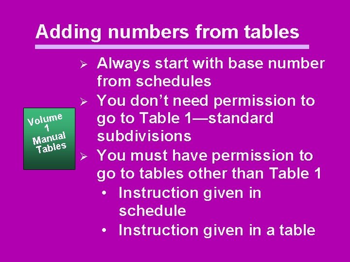Adding numbers from tables Ø Ø e Volum 1 al Manu s Table Ø