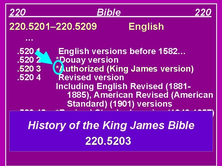 220 Bible 220. 5201– 220. 5209 English 220 …. 520 1. 520 2. 520