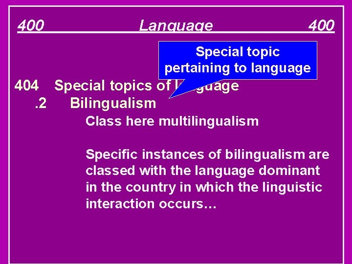 400 Language 400 Special topic pertaining to language 404 Special topics of language. 2