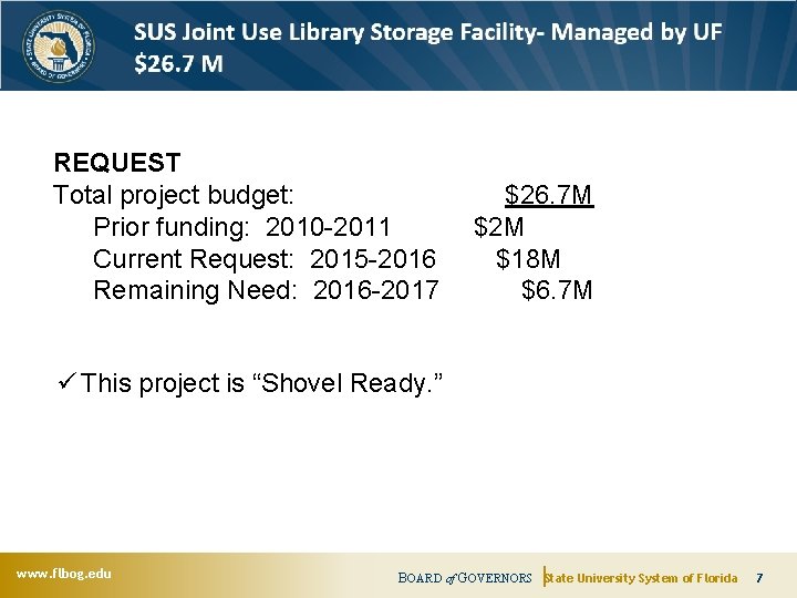 REQUEST Total project budget: Prior funding: 2010 -2011 Current Request: 2015 -2016 Remaining Need: