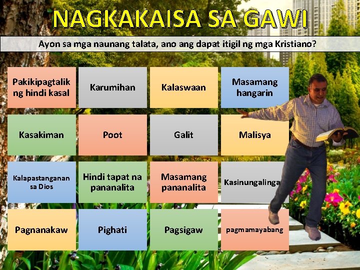 NAGKAKAISA SA GAWI Ayon sa mga naunang talata, ano ang dapat itigil ng mga