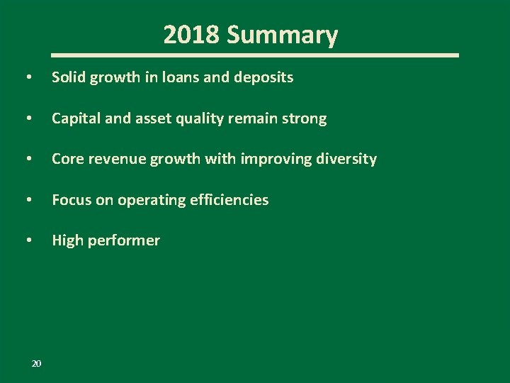 2018 Summary • Solid growth in loans and deposits • Capital and asset quality