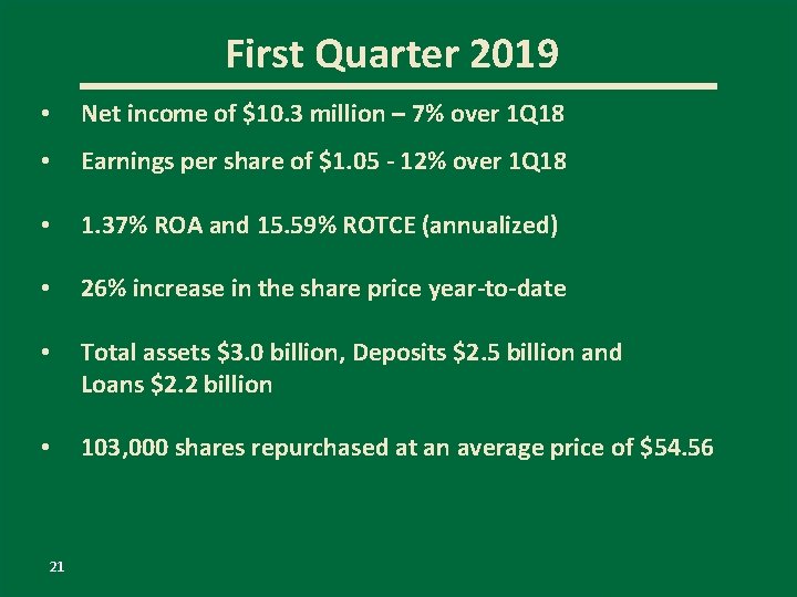 First Quarter 2019 • Net income of $10. 3 million – 7% over 1