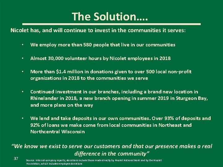 The Solution…. Nicolet has, and will continue to invest in the communities it serves: