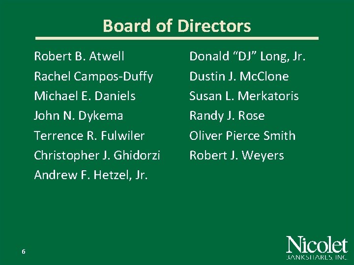 Board of Directors Robert B. Atwell Rachel Campos-Duffy Michael E. Daniels John N. Dykema