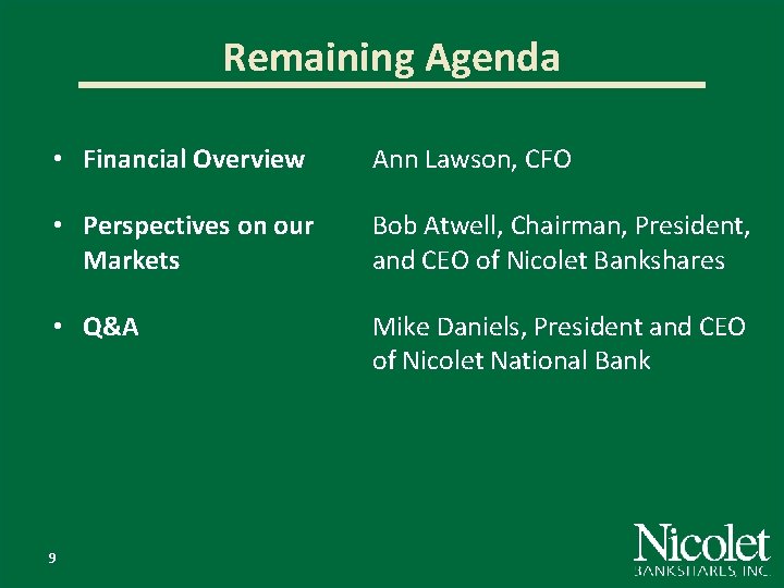 Remaining Agenda • Financial Overview Ann Lawson, CFO • Perspectives on our Markets Bob