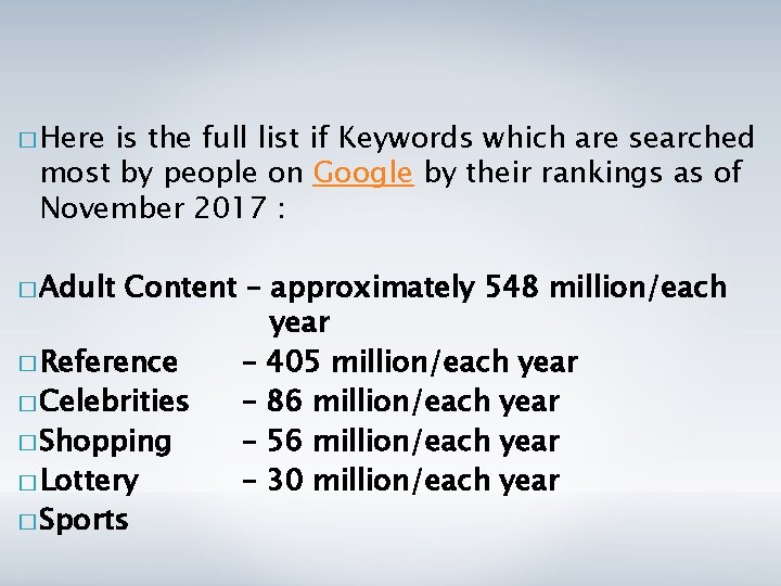 � Here is the full list if Keywords which are searched most by people