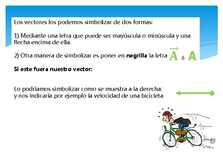 Los vectores los podemos simbolizar de dos formas: 1) Mediante una letra que puede
