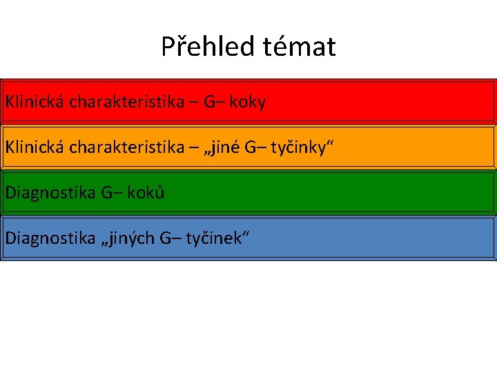 Přehled témat Klinická charakteristika – G– koky Klinická charakteristika – „jiné G– tyčinky“ Diagnostika