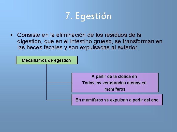 7. Egestión • Consiste en la eliminación de los residuos de la digestión, que