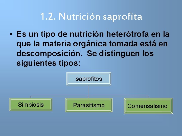 1. 2. Nutrición saprofita • Es un tipo de nutrición heterótrofa en la que