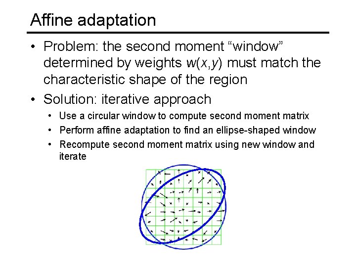 Affine adaptation • Problem: the second moment “window” determined by weights w(x, y) must