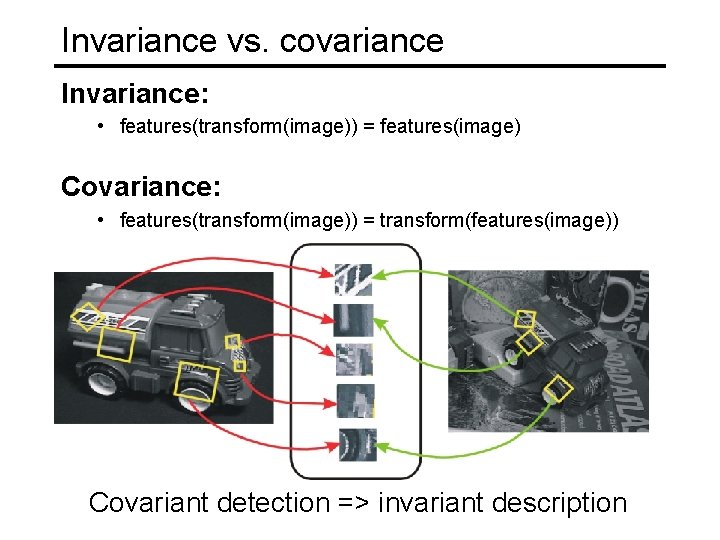 Invariance vs. covariance Invariance: • features(transform(image)) = features(image) Covariance: • features(transform(image)) = transform(features(image)) Covariant