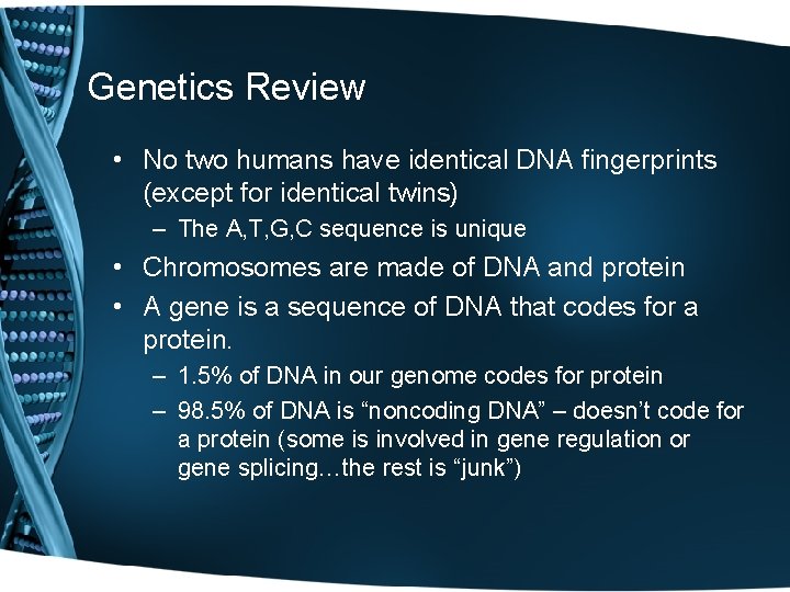 Genetics Review • No two humans have identical DNA fingerprints (except for identical twins)