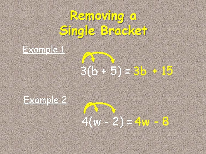 Removing a Single Bracket Example 1 3(b + 5) = 3 b + 15 Removing a Single Bracket Example 1 3(b + 5) = 3 b + 15