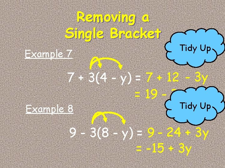 Removing a Single Bracket Example 7 Tidy Up 7 + 3(4 - y) =