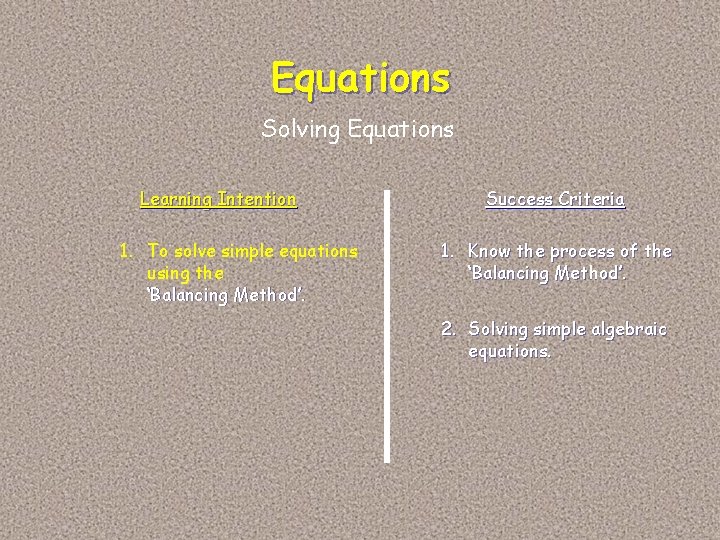 Equations Solving Equations Learning Intention 1. To solve simple equations using the ‘Balancing Method’. Equations Solving Equations Learning Intention 1. To solve simple equations using the ‘Balancing Method’.