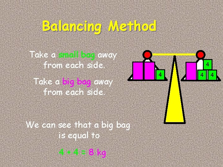 Balancing Method Take a small bag away from each side. Take a big bag